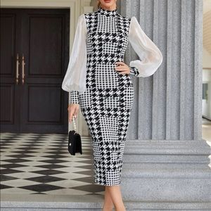 Houndstooth Contrast Mesh Lantern Sleeve Slit Back Body Con Dress
